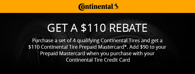 Continental — reciba un reembolso de $110 (Mastercard prepagada) en un juego de 4 llantas Continental que califican, más $90 con la Continental Tire Credit Card.