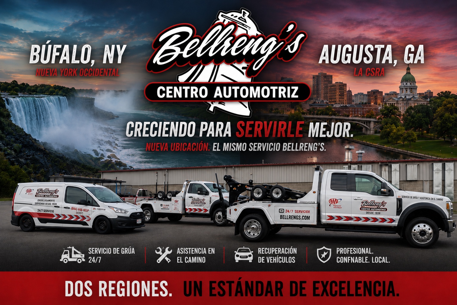 Bellreng Enterprise — creciendo para servirle mejor. Ahora en dos regiones: Buffalo y el oeste de Nueva York, y Augusta, Georgia (la CSRA). Remolque 24/7, asistencia en carretera y recuperación de vehículos. Profesional. Confiable. Local. Dos regiones, un solo estándar de excelencia.